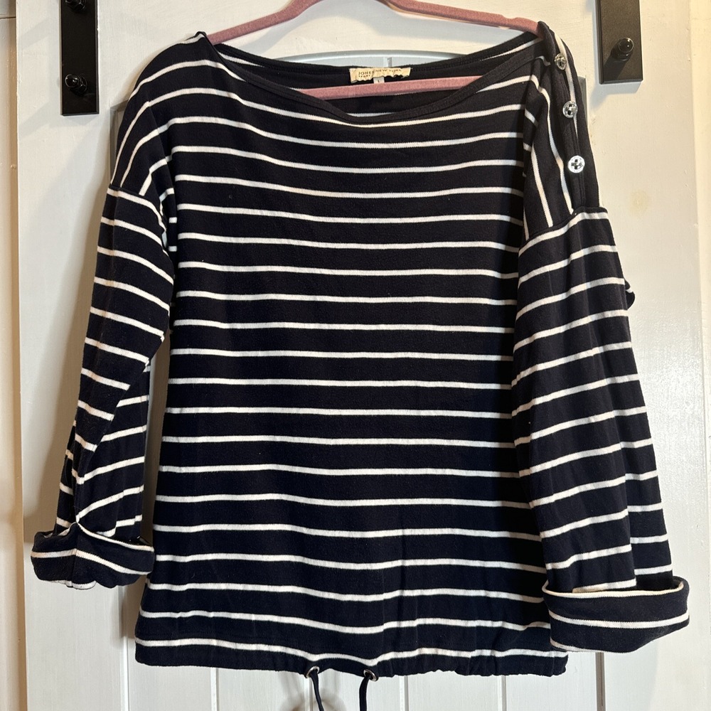 Jones New York Women Blue Striped 3/4 Sleeve Boat Neck Blouse Multicolor Size L